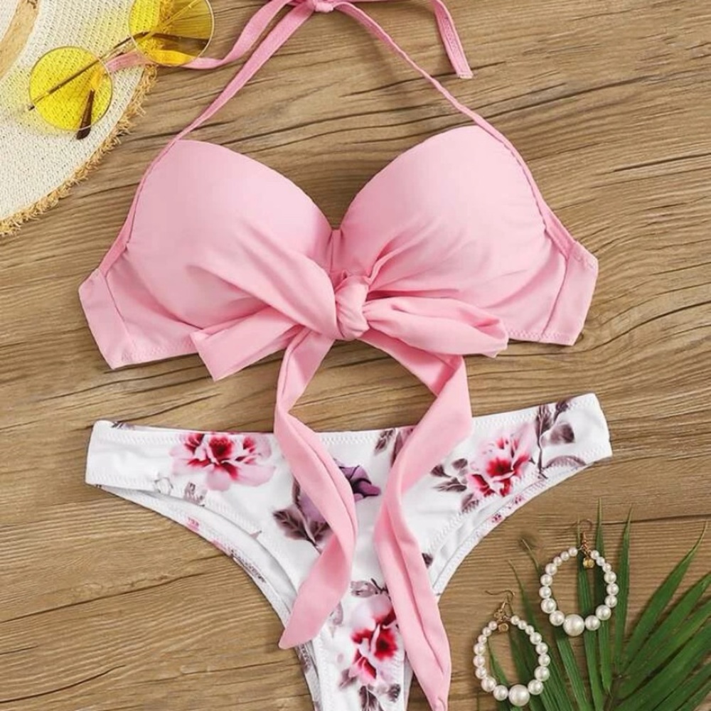 Shein pink and white push up top bikini